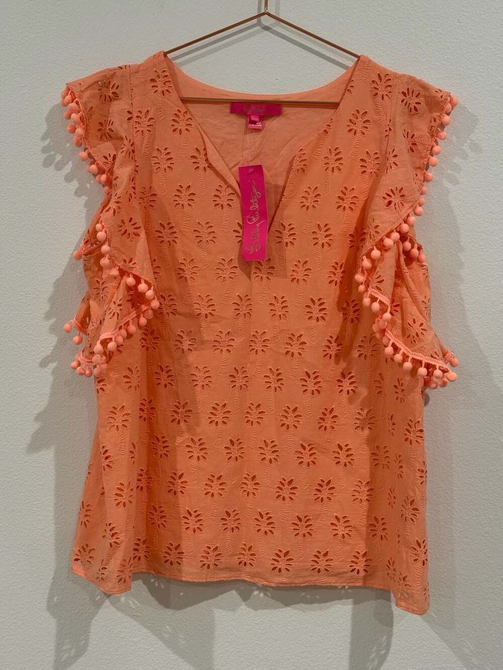 Lilly Pulitzer Astara Eyelet Palm Tree Pattern V-Neck Pom-Pom Sleeve Top